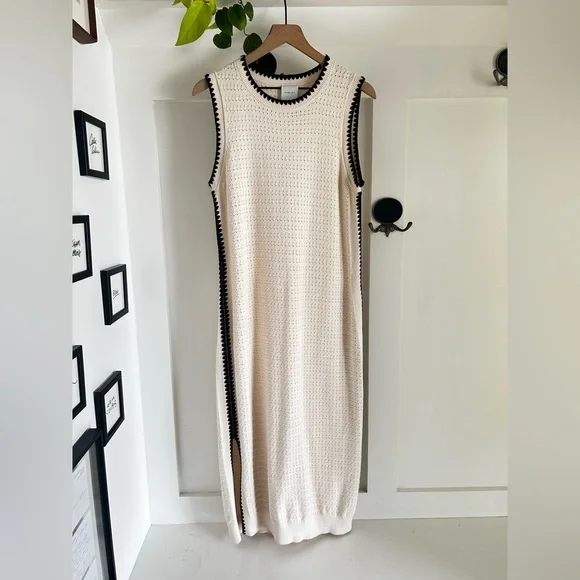 Varley Dwight Tank Knit Dress Cream Black Trim Cotton Midi Minimalist - Picture 3 of 12